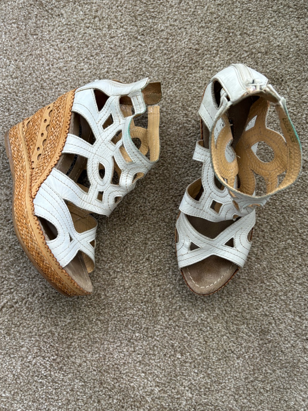 Francesco Morichetti White Tan Leather Zip Up Peep To Wedge Sandals US 6.5 EU 37